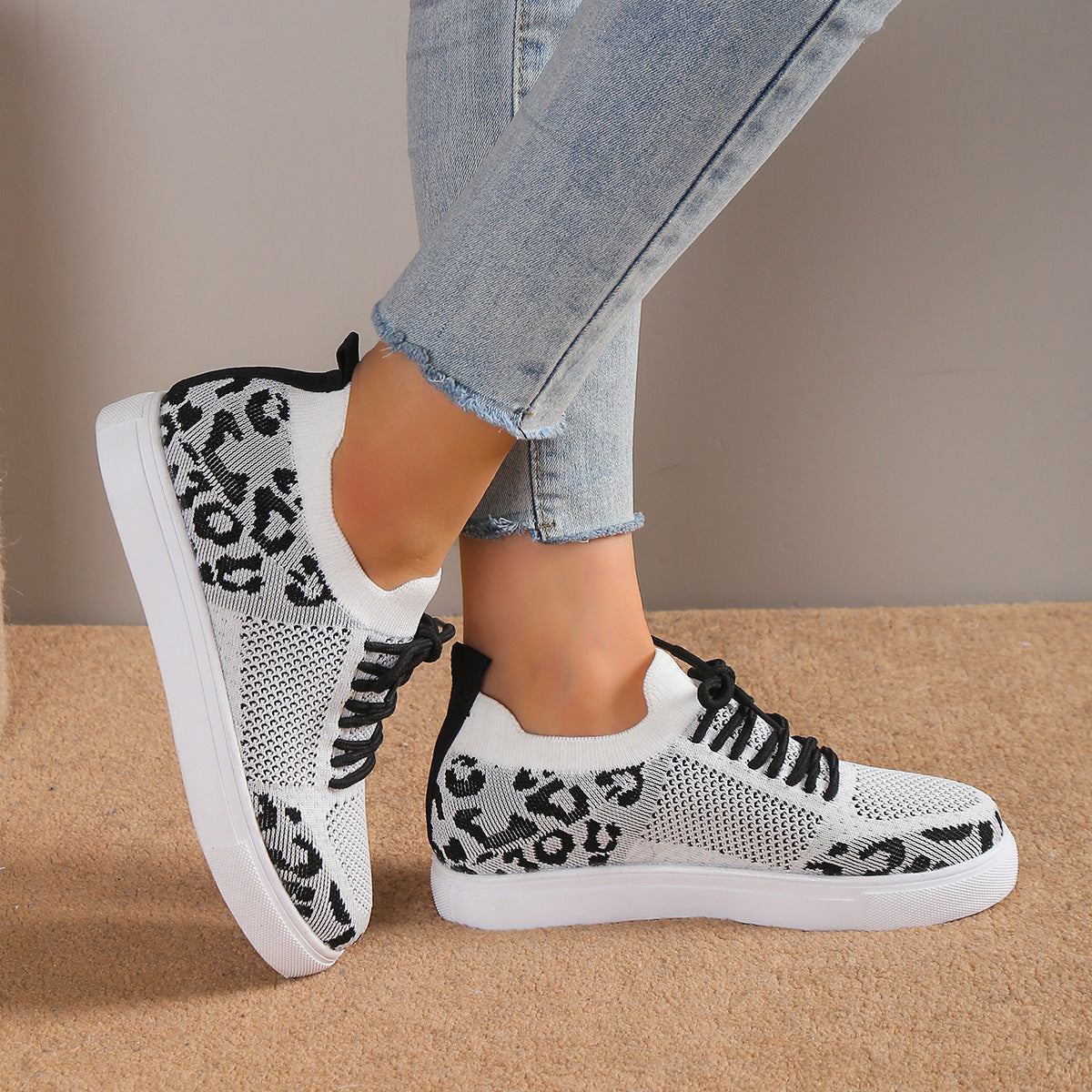 Lace-Up Leopard Flat Sneakers-Bella Boutique Collective