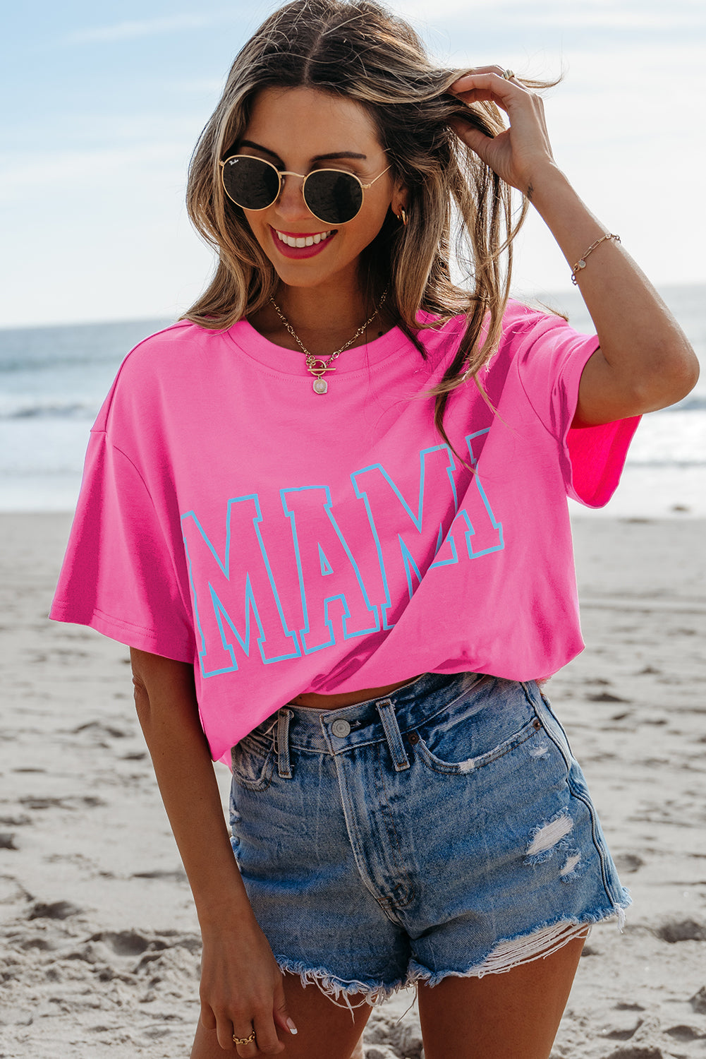 Bright Pink MAMA Letter Graphic Neon T Shirt-Bella Boutique Collective