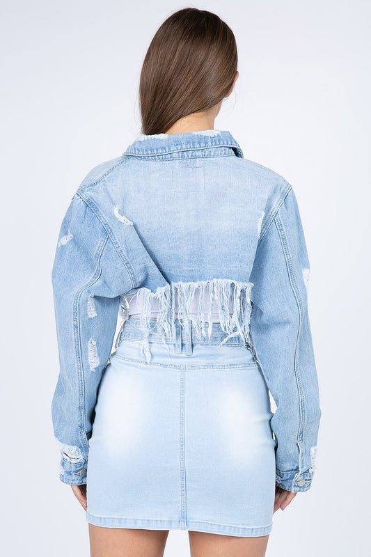 American Bazi Distressed Denim Jacket with Frayed Hem-Bella Boutique Collective