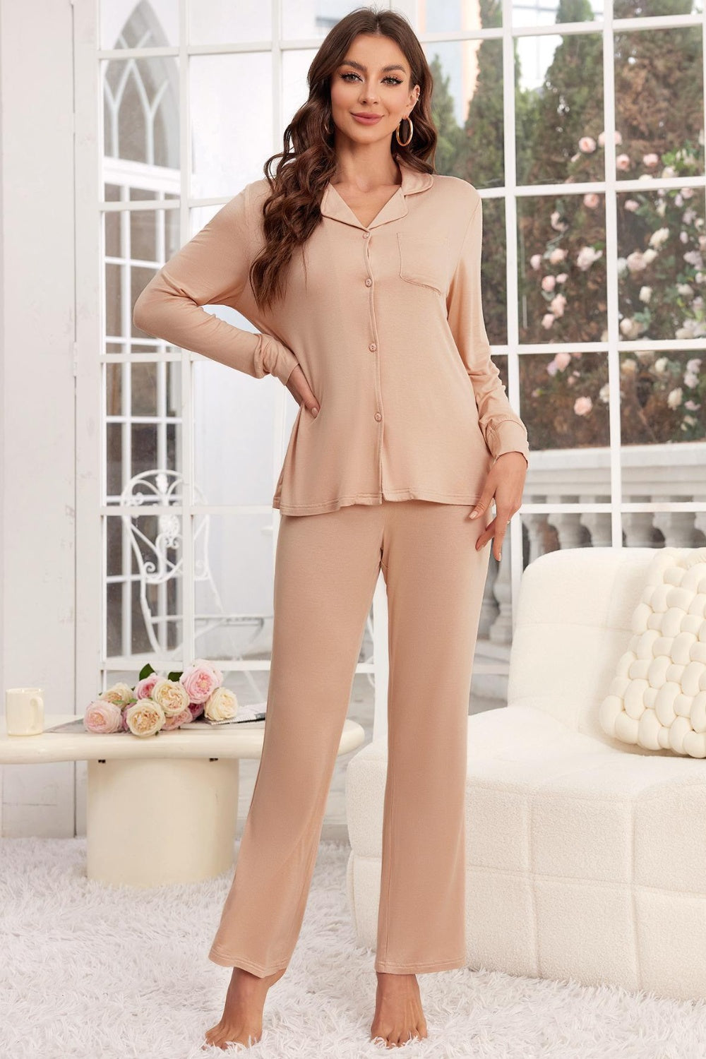 Button Up Long Sleeve Top and Pants Lounge Set-Bella Boutique Collective
