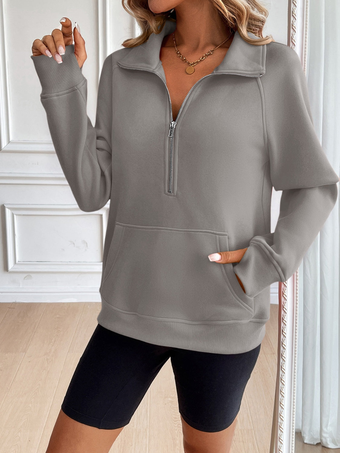 Ivy Lane Half Zip Raglan Sleeve Sweatshirt-Bella Boutique Collective
