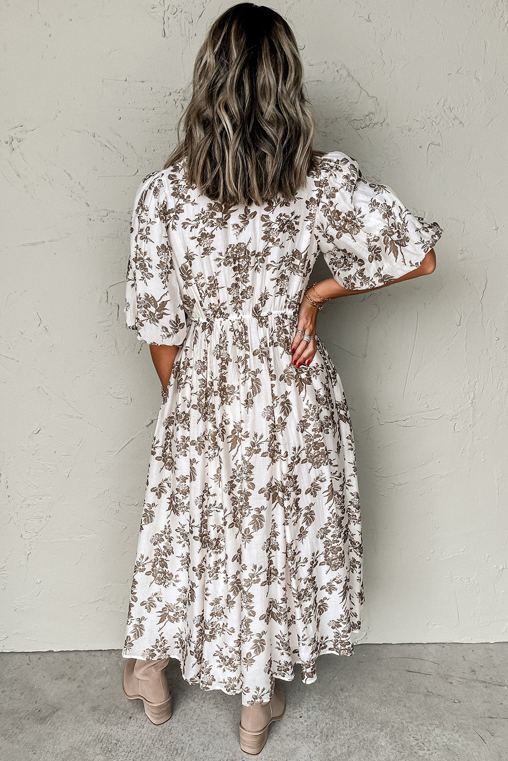 Khaki Floral Puff Sleeve V Neck Buttoned Front Maxi Dress-Bella Boutique Collective