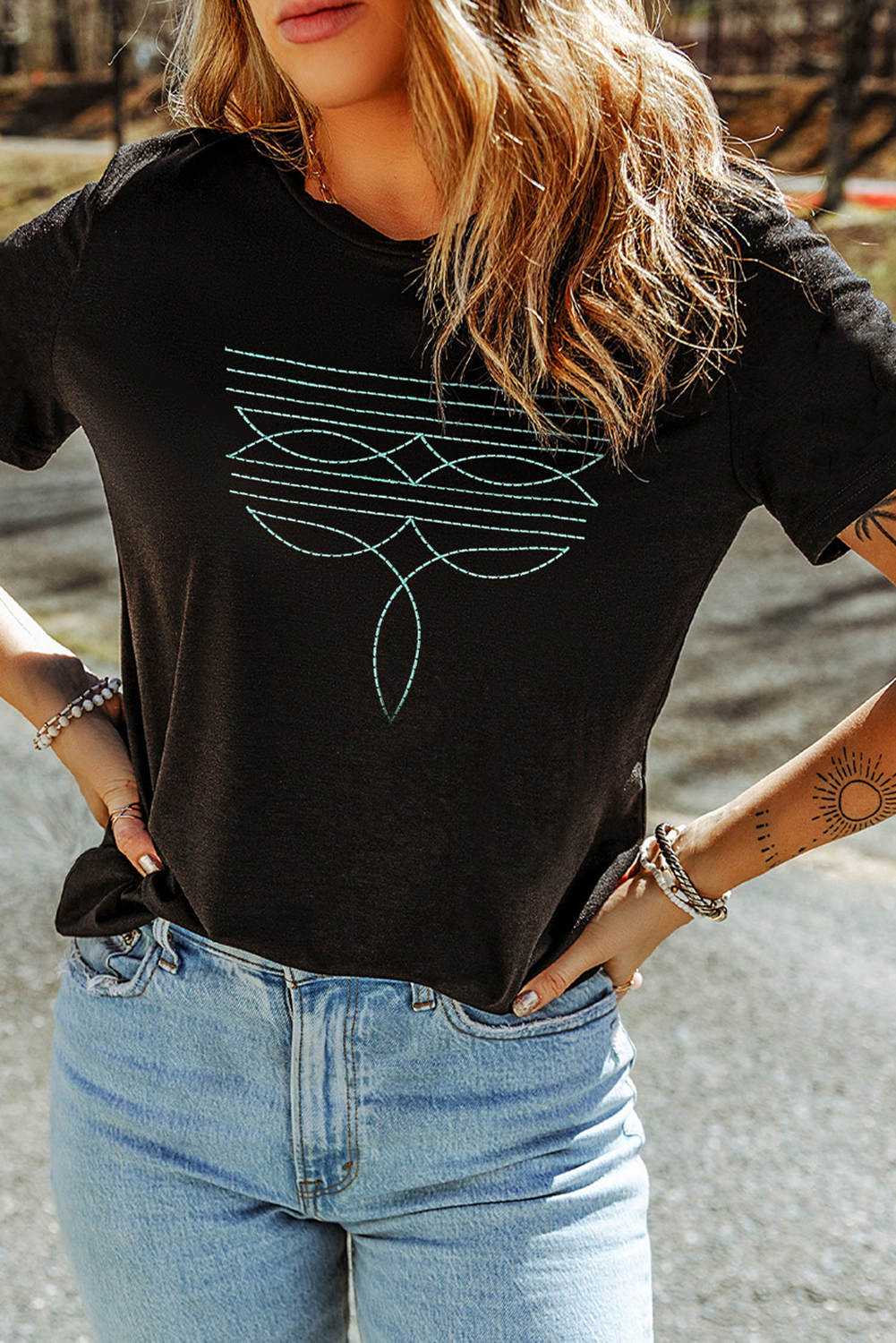 Black Western Fashion Geometric Embroidered T Shirt-Bella Boutique Collective