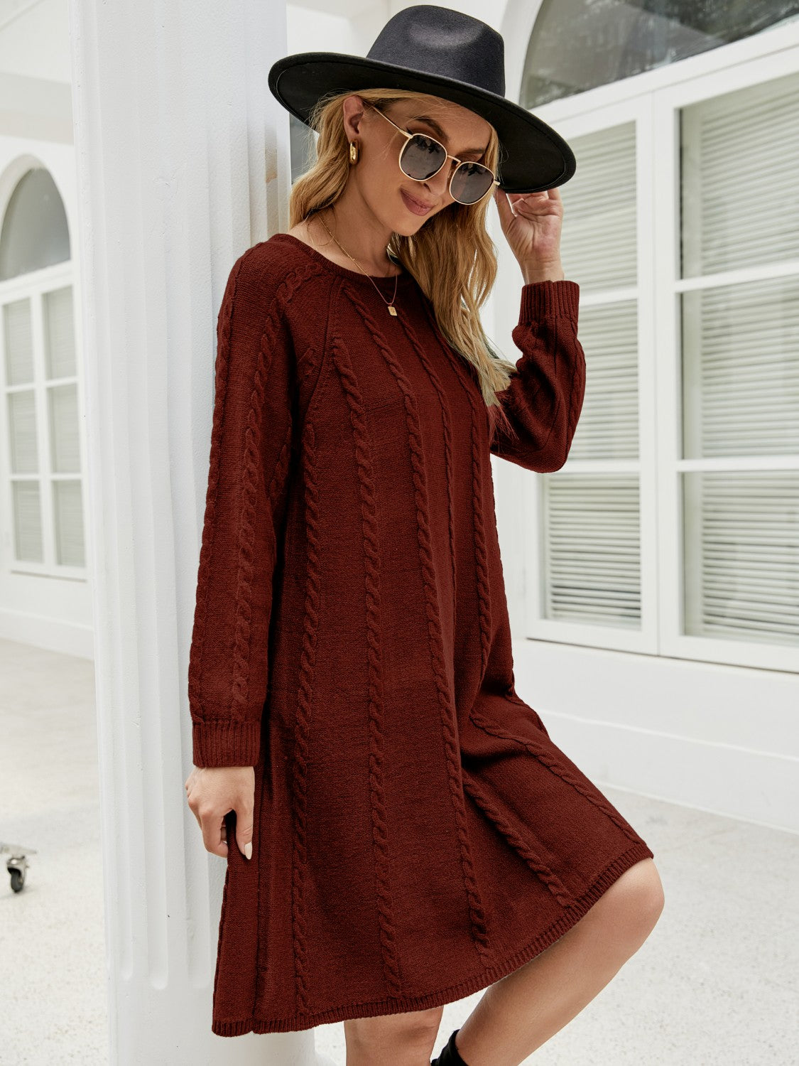 Cable-Knit Long Sleeve Sweater Dress-Bella Boutique Collective