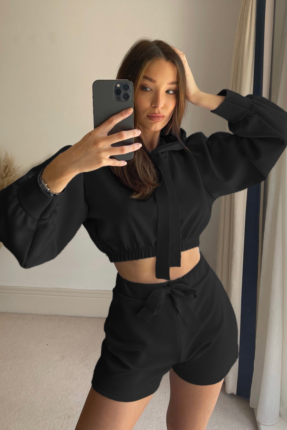 Drawstring Long Sleeve Hooded Top and Shorts Set-Bella Boutique Collective