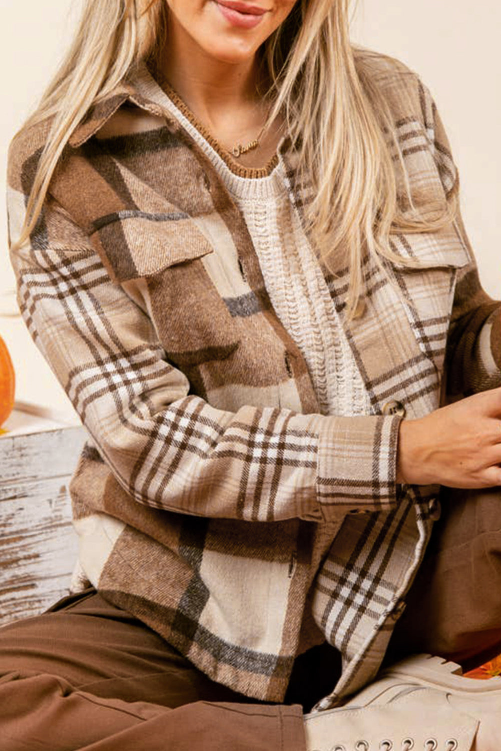 Light French Beige Flannel Plaid Double Flap Pocket Shacket-Bella Boutique Collective