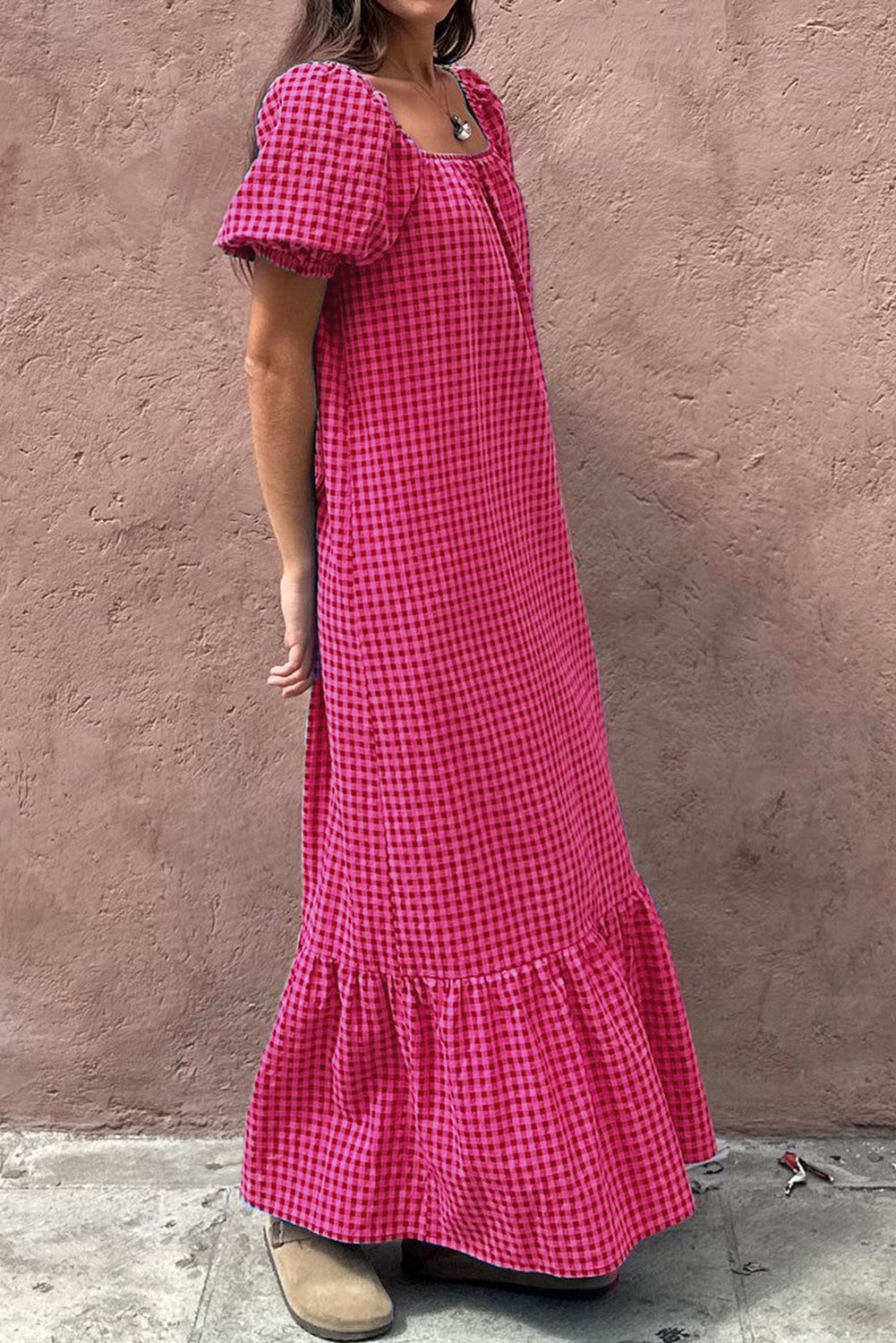 Rose Ginham Check Bubble Sleeve Ruffled Maxi Dress-Bella Boutique Collective