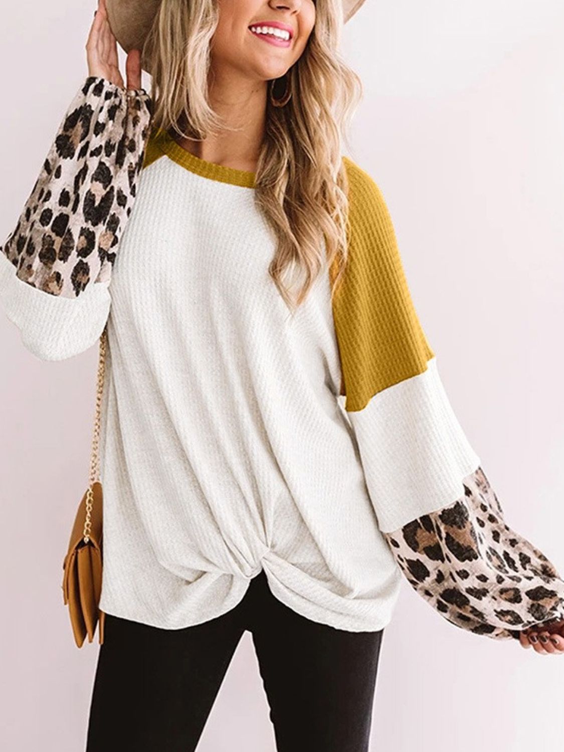 Twisted Color Block Round Neck Long Sleeve T-Shirt-Bella Boutique Collective