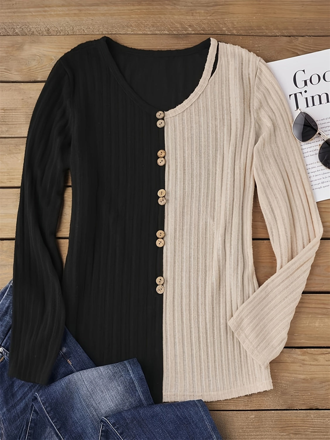 Decorative Button Contrast Round Neck Long Sleeve T-Shirt-Bella Boutique Collective