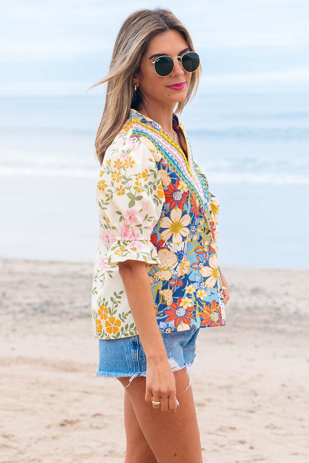 Multicolour Crochet V Neck Half Sleeve Boho Floral Blouse-Bella Boutique Collective