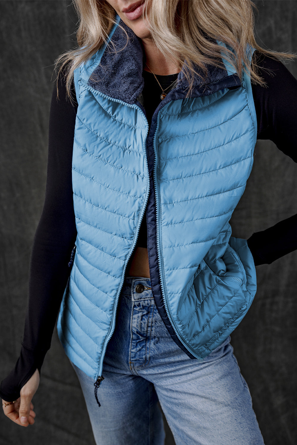 Sky Blue Plush Collared Quilted Zipped Puffer Vest-Bella Boutique Collective