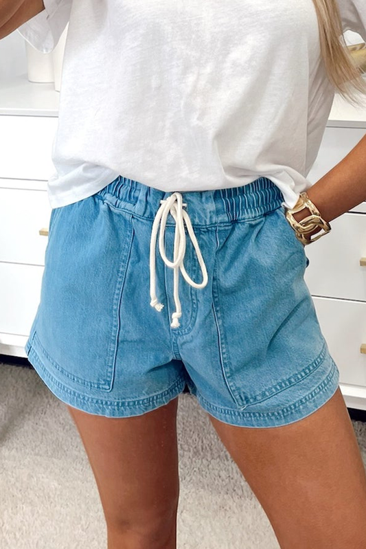 Beau Blue Contrast Drawstring Elastic Waist Denim Shorts-Bella Boutique Collective