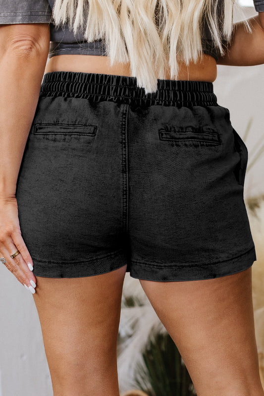 Black Drawstring High Waist Pocketed Denim Shorts-Bella Boutique Collective