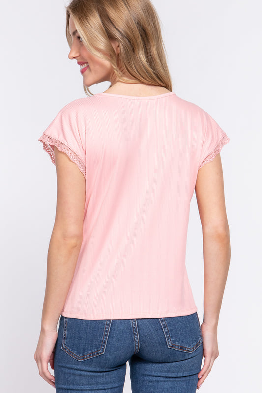 ACTIVE BASIC Lace Trim V-Neck Short Sleeve Ribbed Top-Bella Boutique Collective
