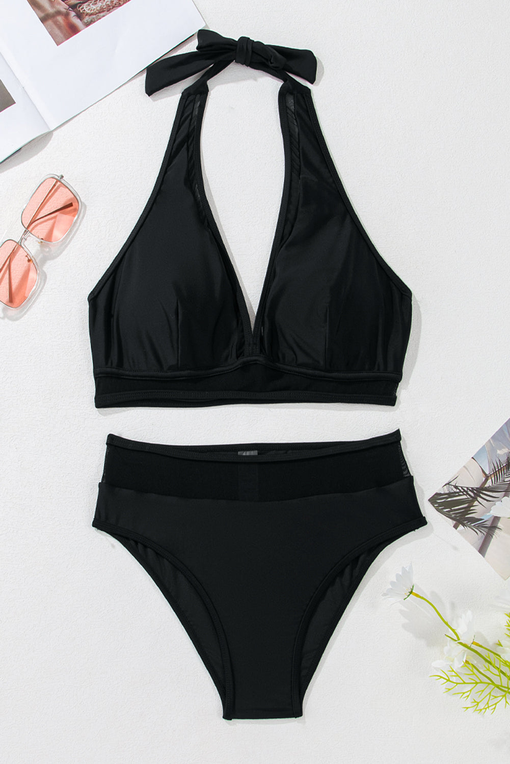 Black Sheer Mesh Edged Halter V Neck Push Up Bikini-Bella Boutique Collective