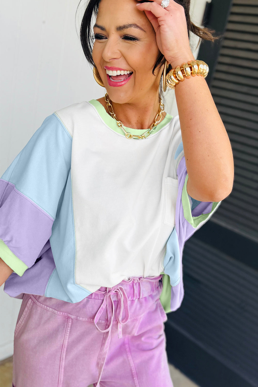 White Color Block Patchwork Half Sleeve Oversized T Shirt-Bella Boutique Collective
