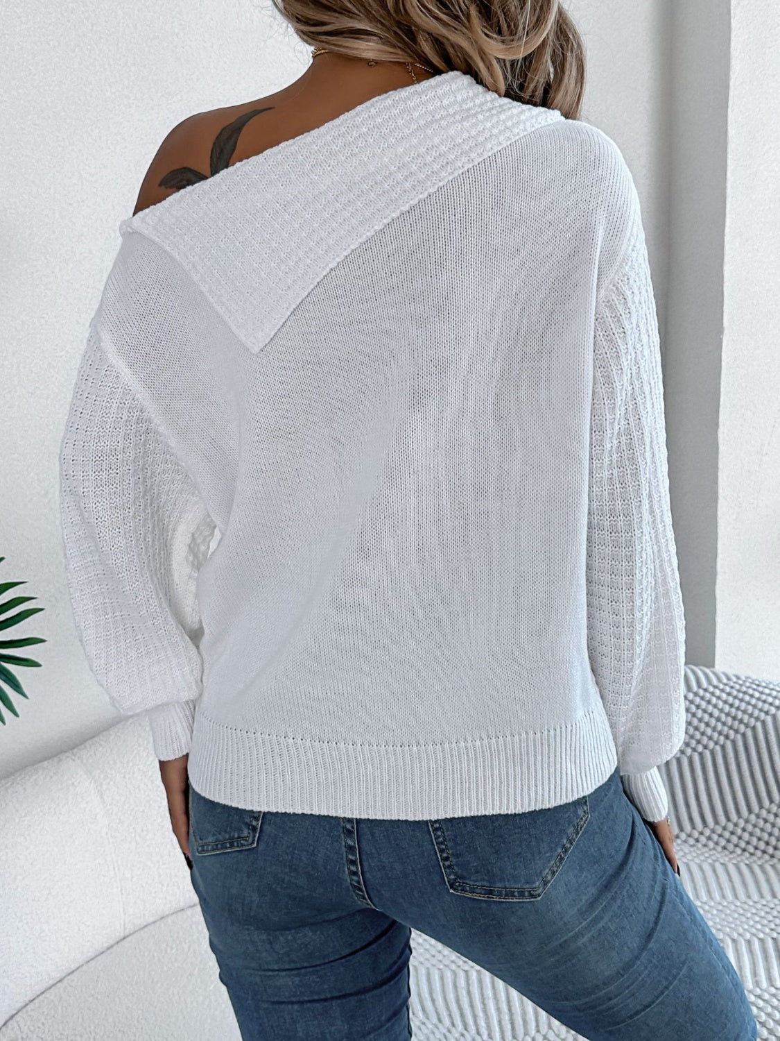 Cable-Knit One Shoulder Long Sleeve Sweater-Bella Boutique Collective