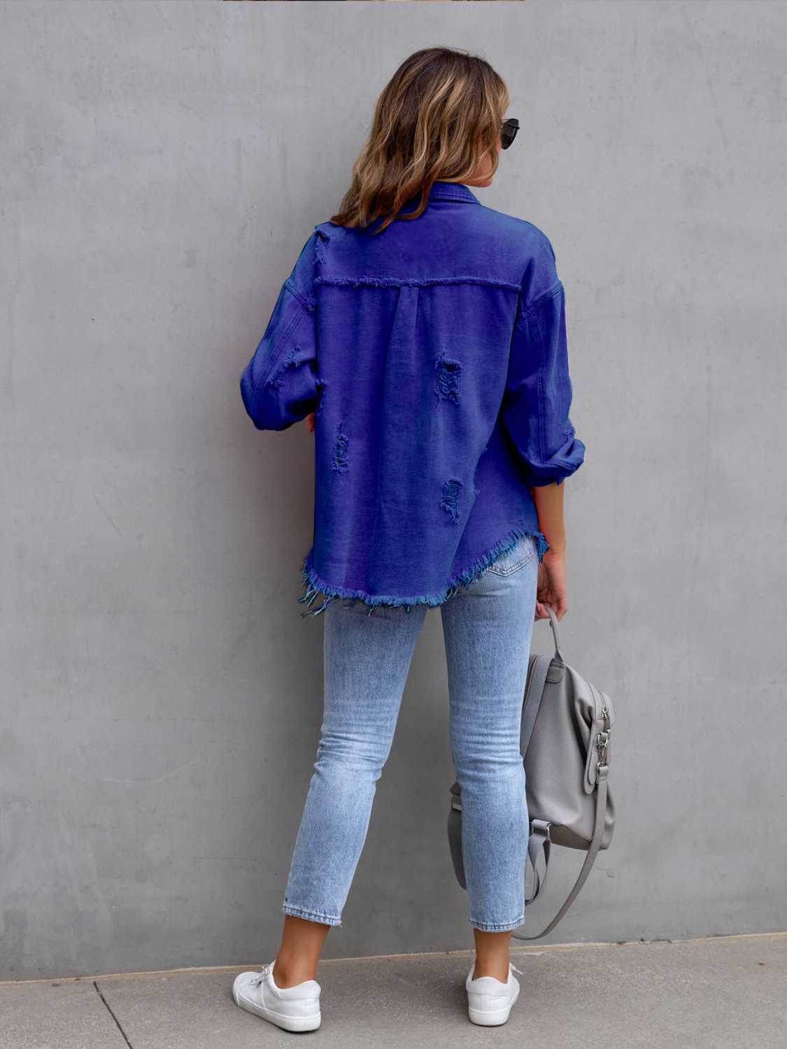 Distressed Drop Shoulder Denim Jacket-Bella Boutique Collective