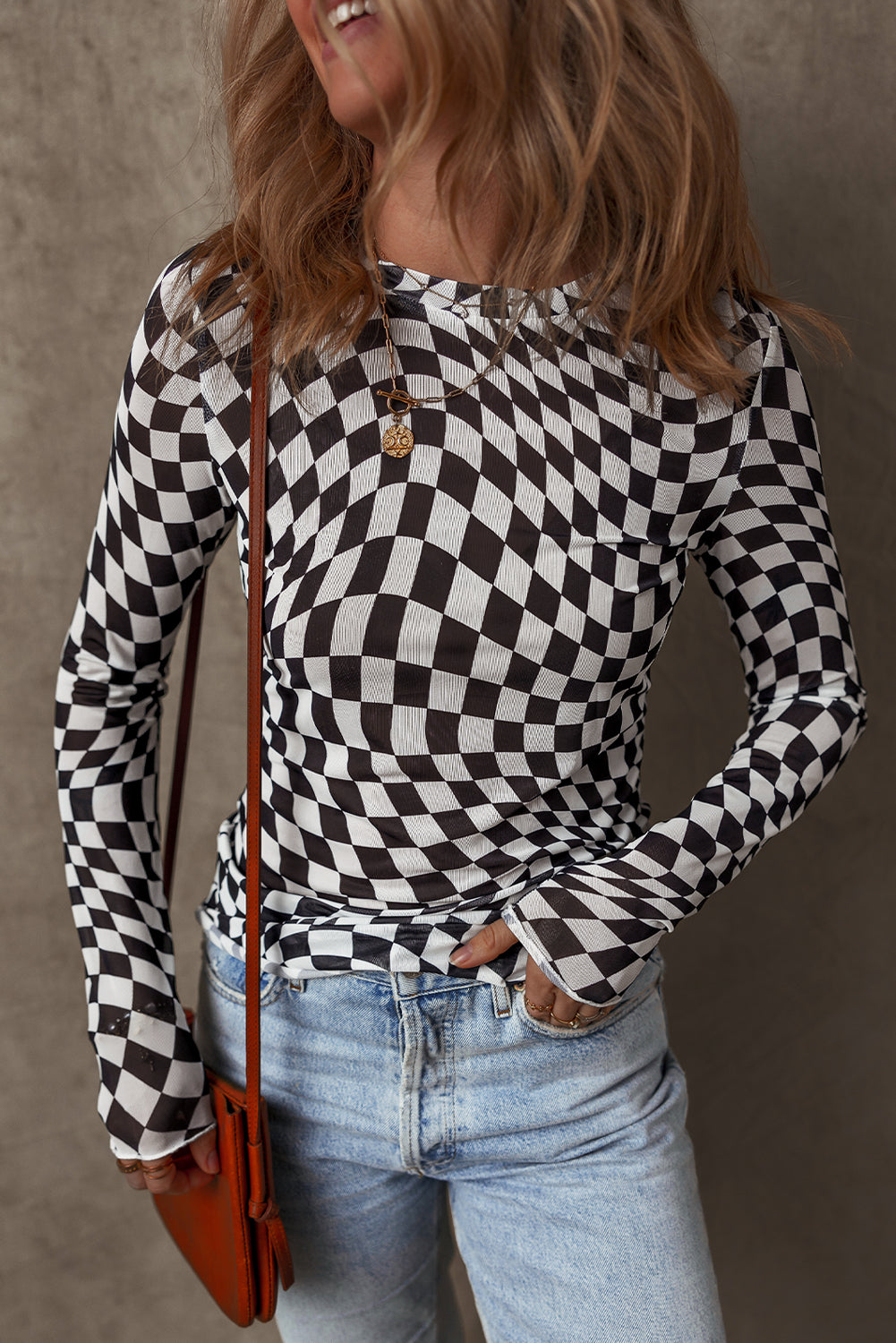 Black Checkered Pattern Mesh Mock Neck Long Sleeve Top-Bella Boutique Collective