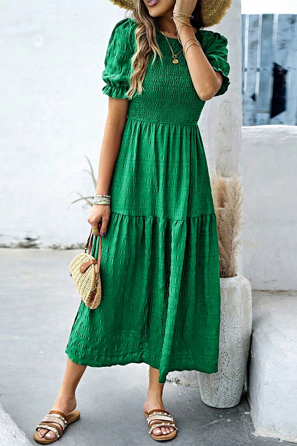 Dark Green Solid Textured Smocked Puff Short Sleeve High Waist Long Dress-Bella Boutique Collective