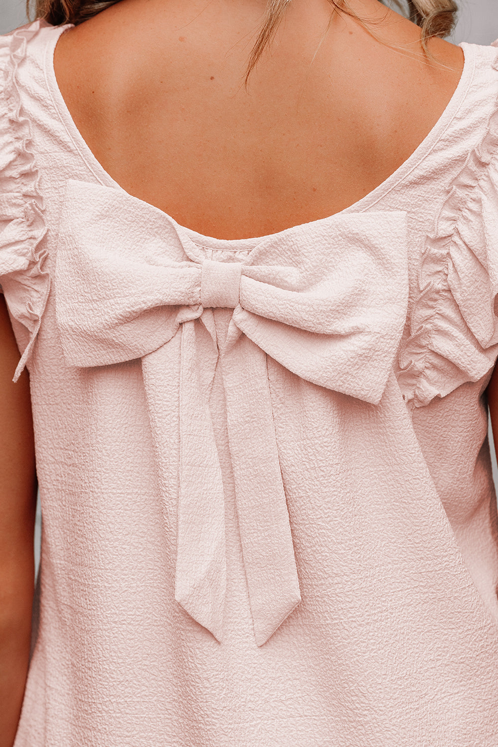 Light Pink Textured Flutter Sleeve Square Neck Bow Back Mini Dress-Bella Boutique Collective