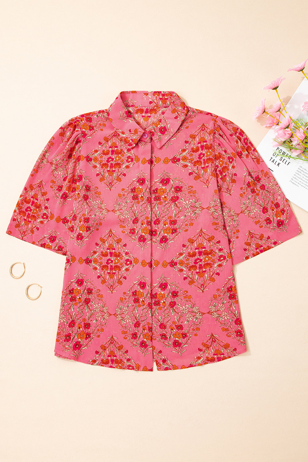 Rose Red Floral Print Wide Short Sleeve Loose Shirt-Bella Boutique Collective