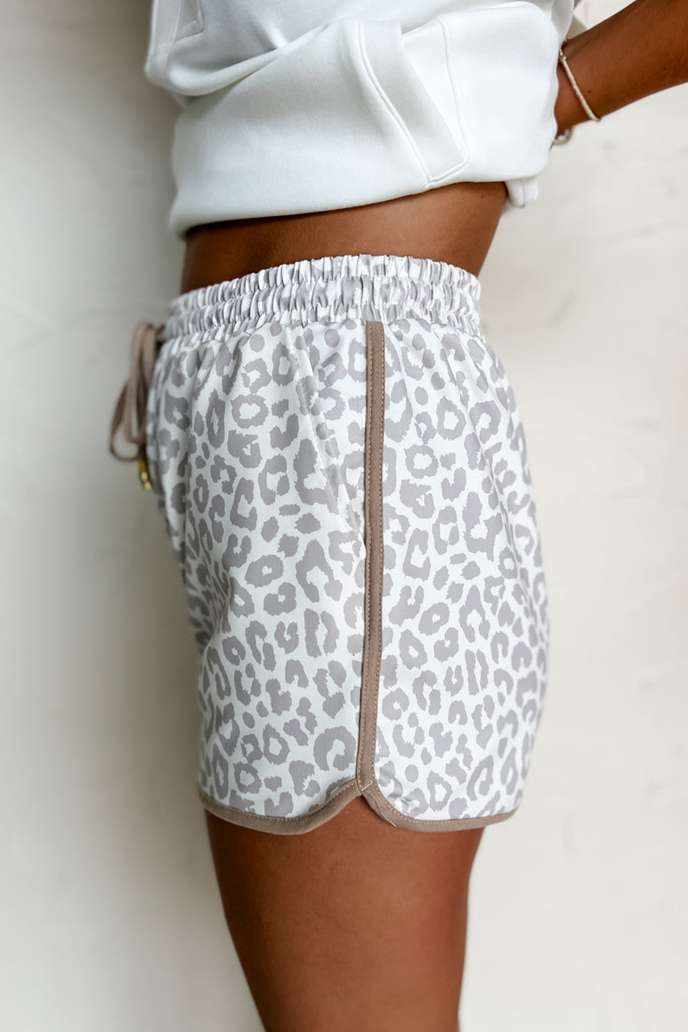 White Leopard Elastic Waist Lace up Contrast Trim Casual Shorts-Bella Boutique Collective