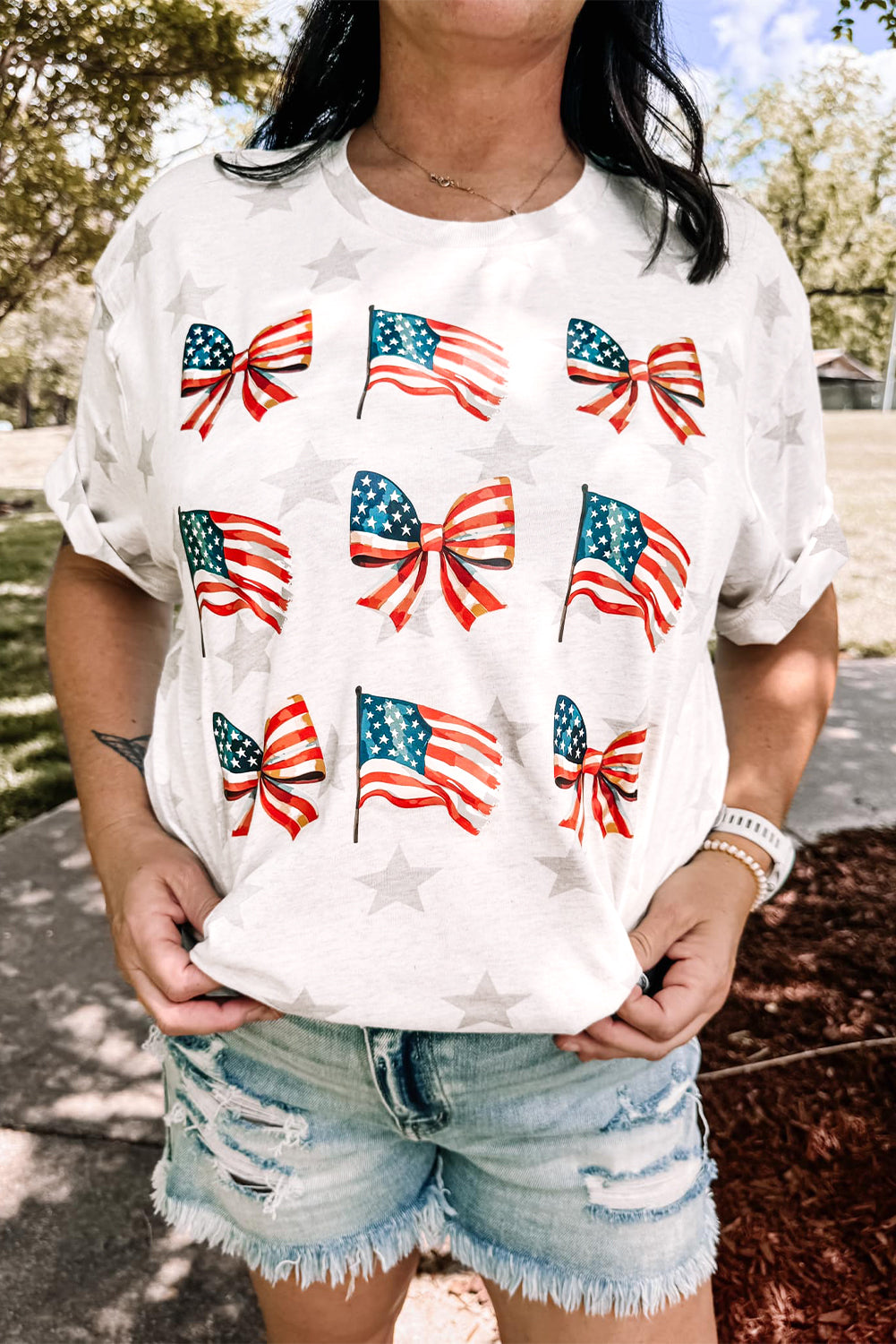 Khaki Patriotic Flag Bow Graphic Starry Round Neck T Shirt-Bella Boutique Collective