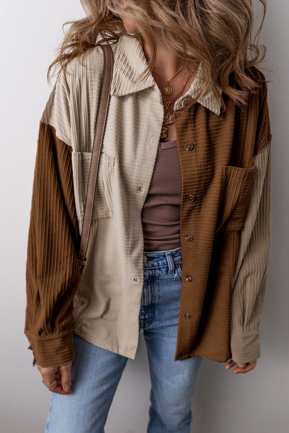 Brown Color Block Chest Pockets Buttoned Corduroy Shacket-Bella Boutique Collective