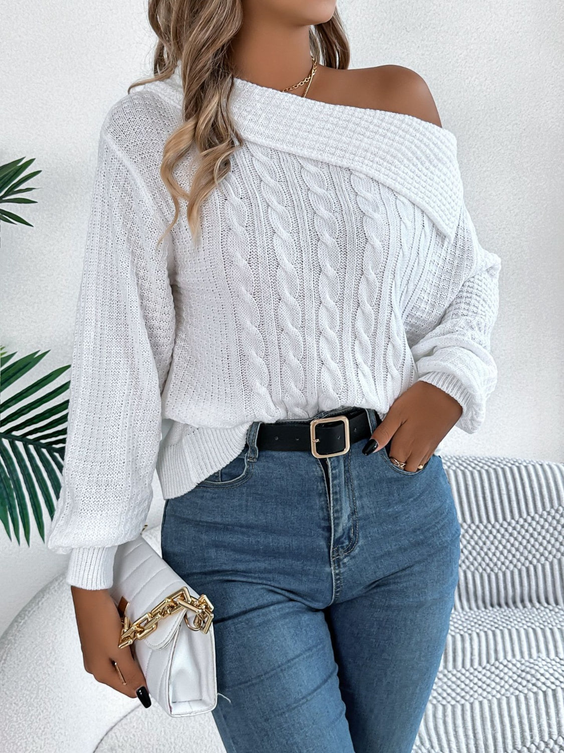 Cable-Knit One Shoulder Long Sleeve Sweater-Bella Boutique Collective