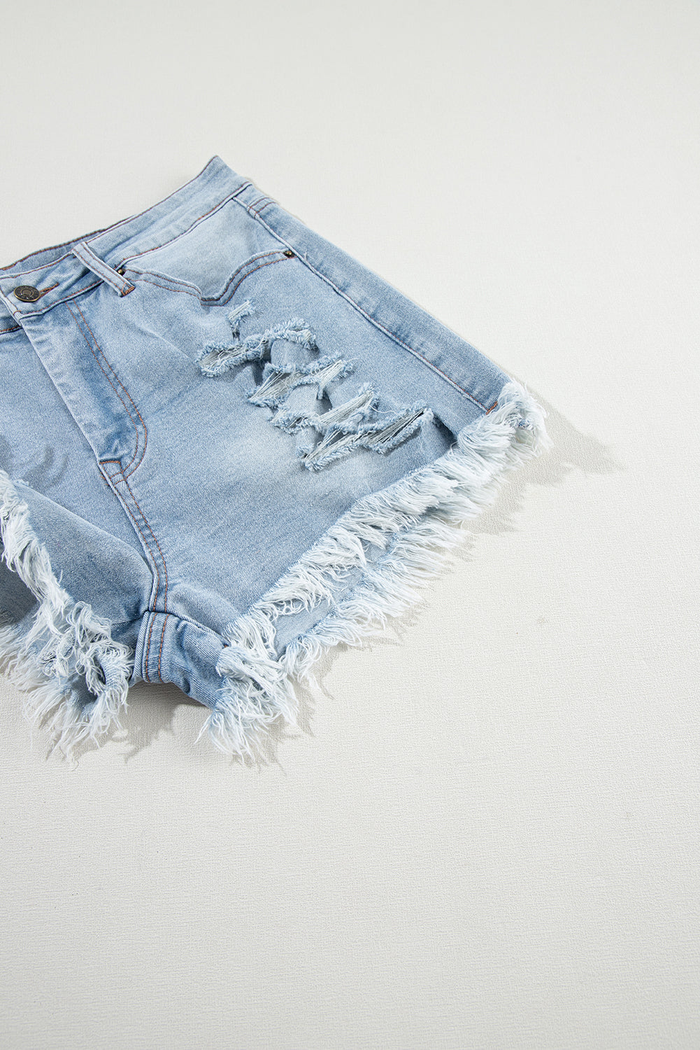 Light Blue Distressed Ripped Raw Hem High Waist Denim Shorts-Bella Boutique Collective