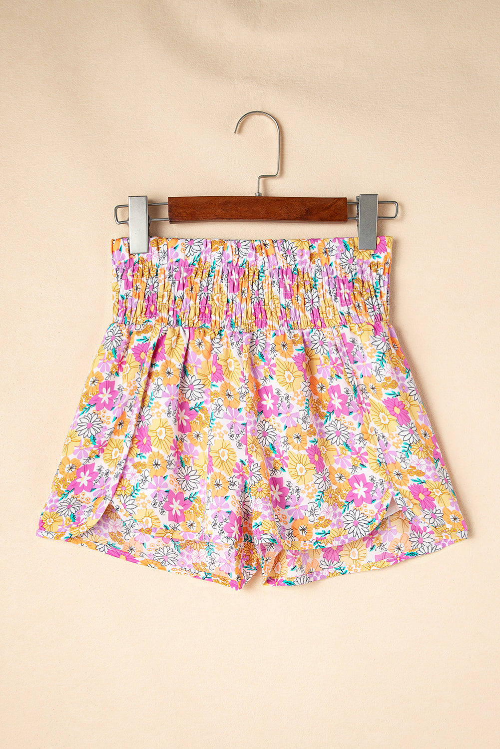 Pink Boho Floral Shirred High Waist Casual Shorts-Bella Boutique Collective