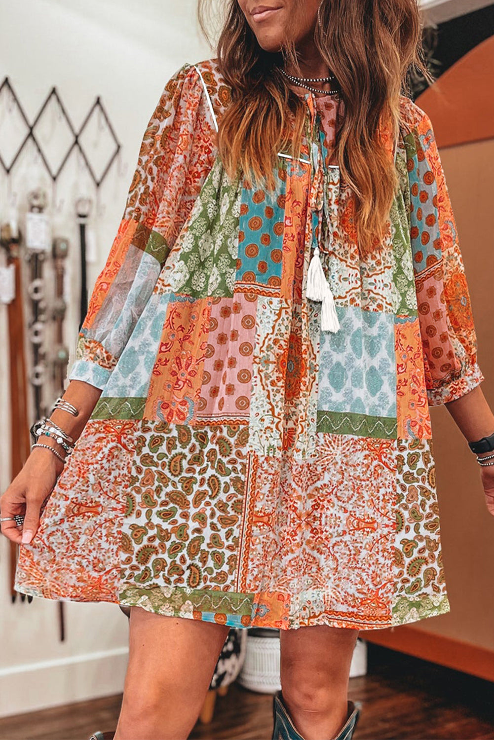 Orange Boho Paisley Mixed Print 3/4 Sleeve Chiffon Loose Dress-Bella Boutique Collective