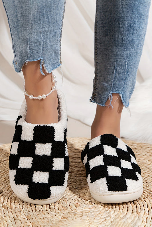 Black Checkered Print Fuzzy Slip On Winter Slippers-Bella Boutique Collective