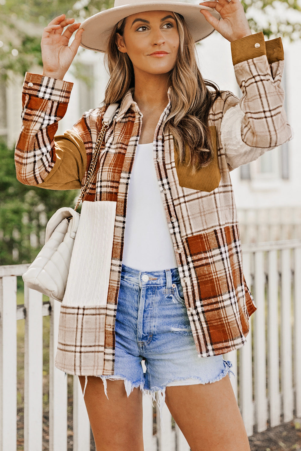 Orange Plaid Color Block Patchwork Shirt Jacket with Pocket-Bella Boutique Collective