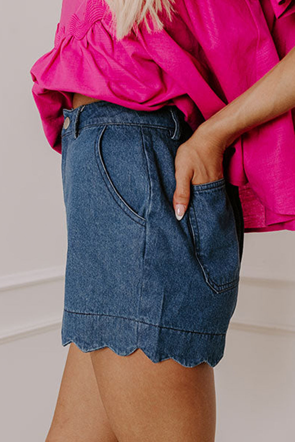 Sail Blue Scalloped Hemline Acid Wash High Waist Denim Shorts-Bella Boutique Collective