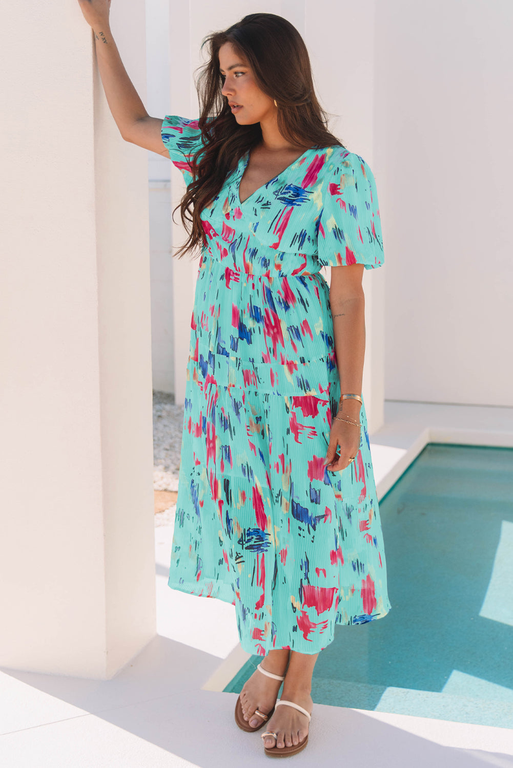 Sky Blue Abstract Print Short Puff Sleeve Tiered Maxi Dress-Bella Boutique Collective