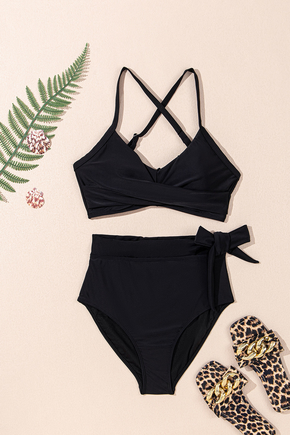 Black Crossed Straps Twisted Tropical Print Knot Side High Waist Bottom 2pcs Swimsuit-Bella Boutique Collective