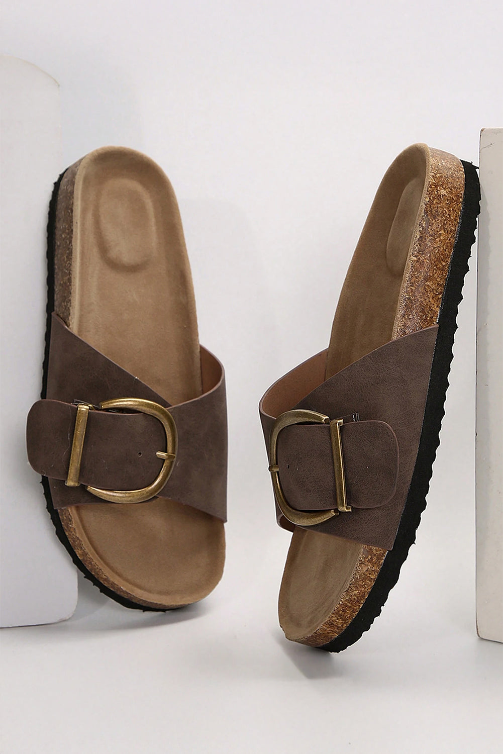 Coffee Buckle Decor Faux Suede Thick Sole Slippers-Bella Boutique Collective
