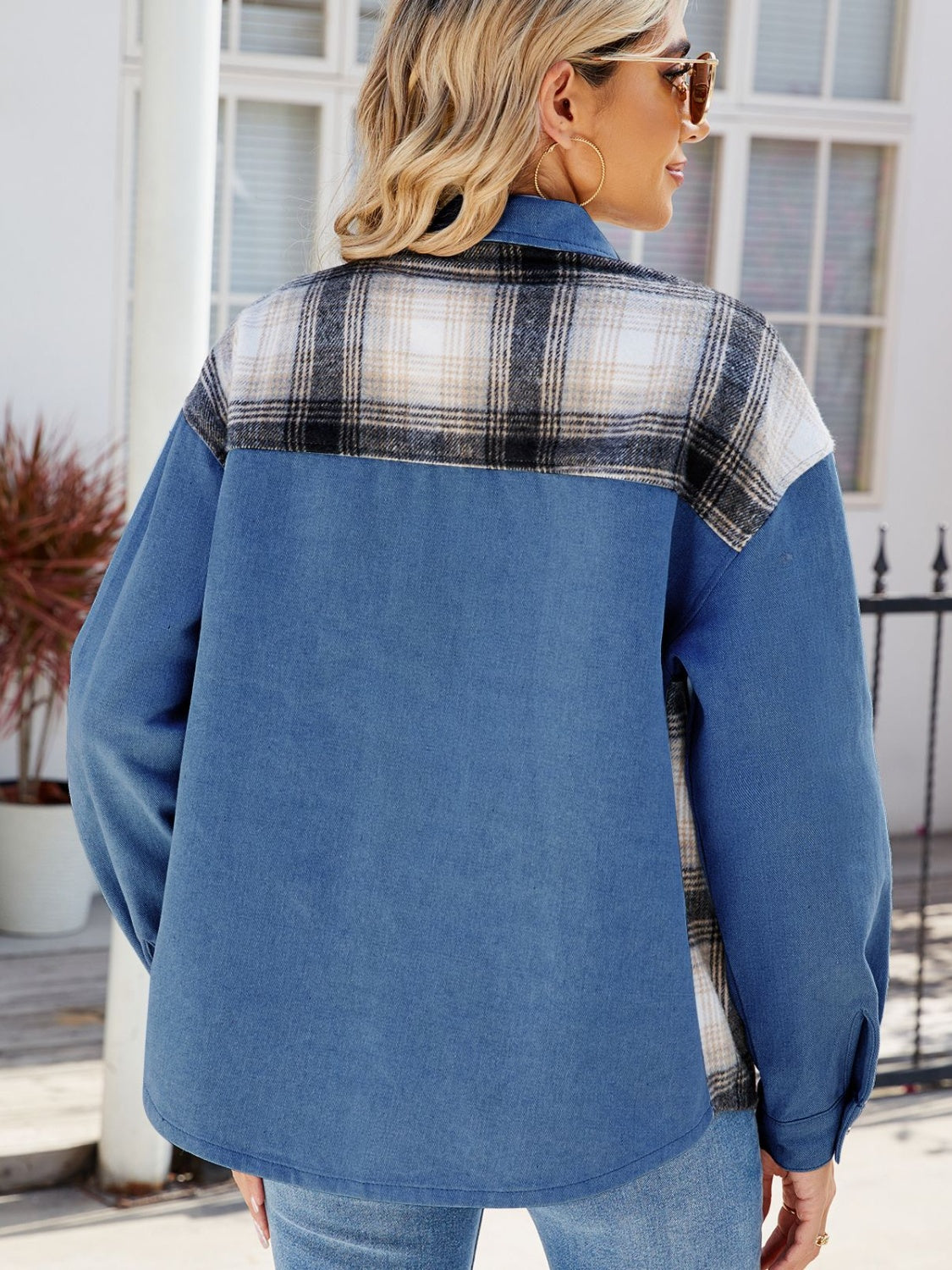 Plaid Button Up Long Sleeve Denim Jacket-Bella Boutique Collective