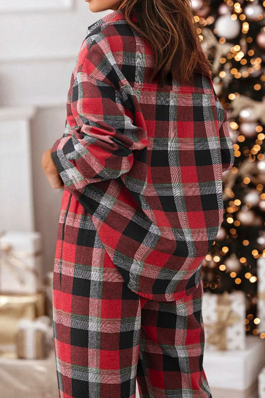Plaid Long Sleeve Top and Pants Lounge Set-Bella Boutique Collective
