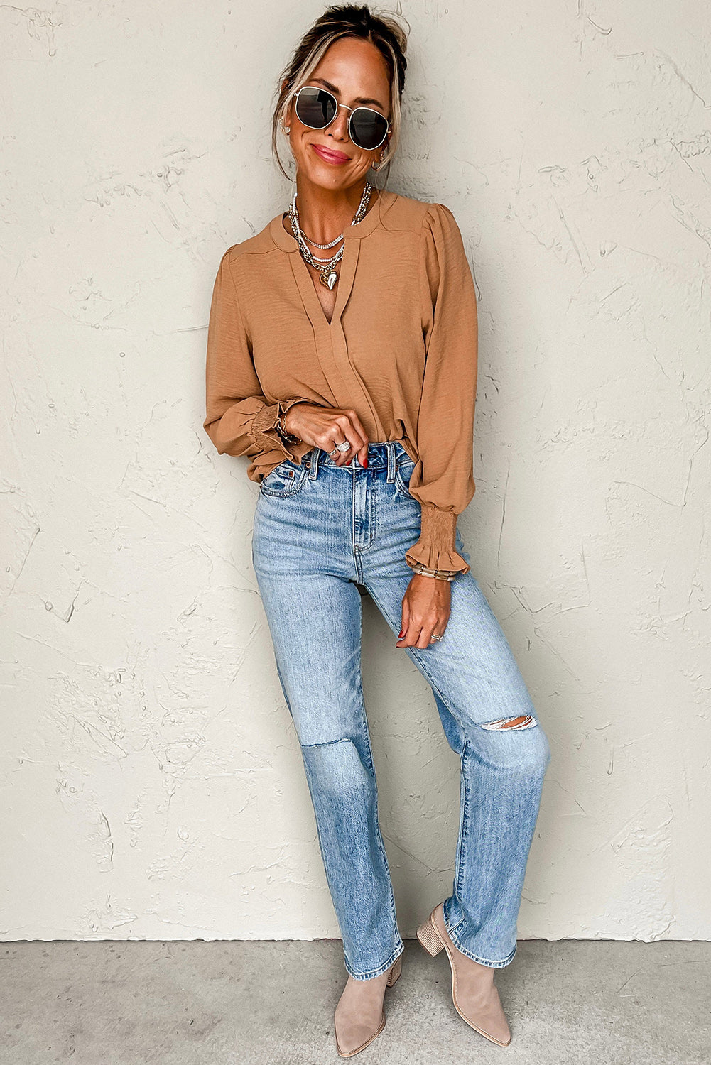Straw Yellow Solid Color Shirred Cuff Notch V Neck Blouse-Bella Boutique Collective
