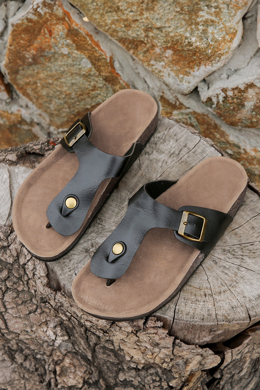 Black Vintage Buckle PU Leather Thong Slippers-Bella Boutique Collective