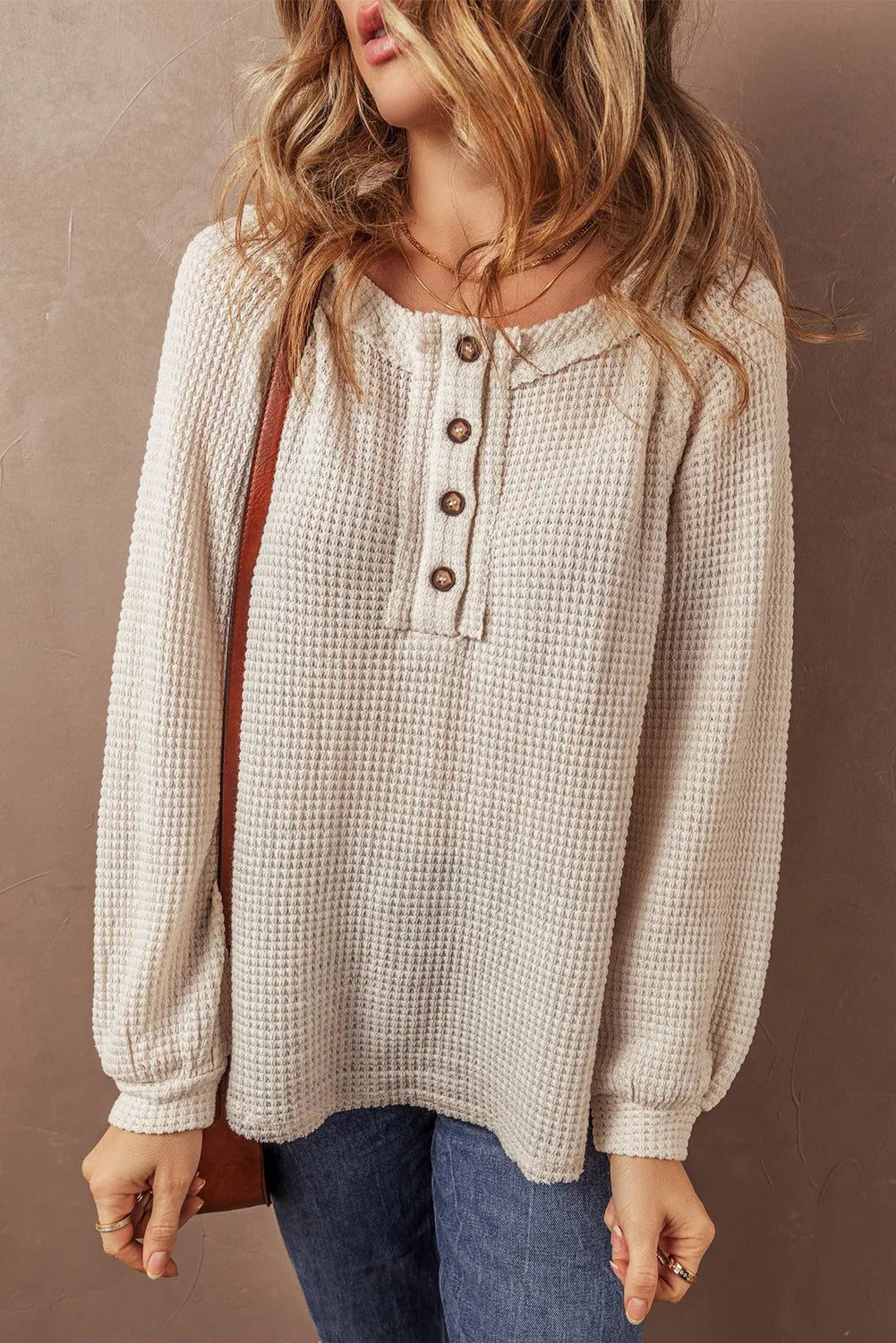 Waffle-Knit Half Button Round Neck Long Sleeve Top-Bella Boutique Collective