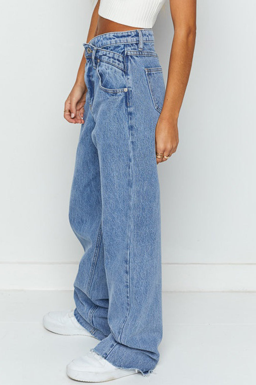 Blue Mid Rise Asymmetrical Waist Wide Leg Jeans-Bella Boutique Collective