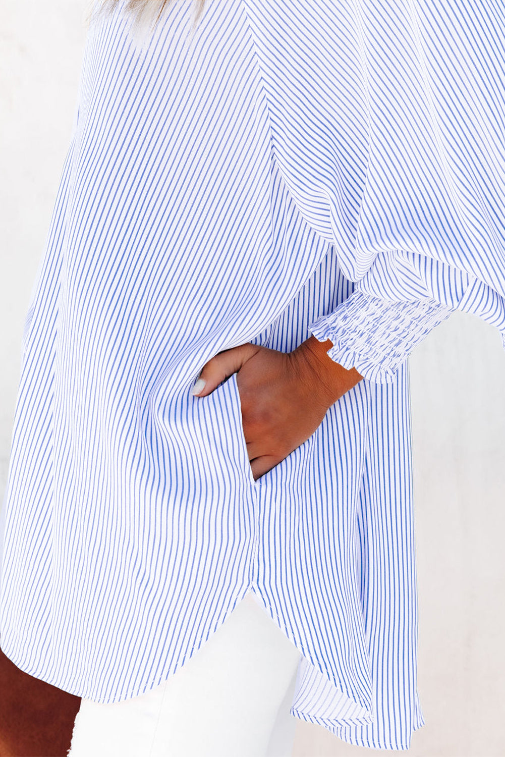 Sky Blue Smocked Cuffed Striped Boyfriend Shirt with Pocket-Bella Boutique Collective