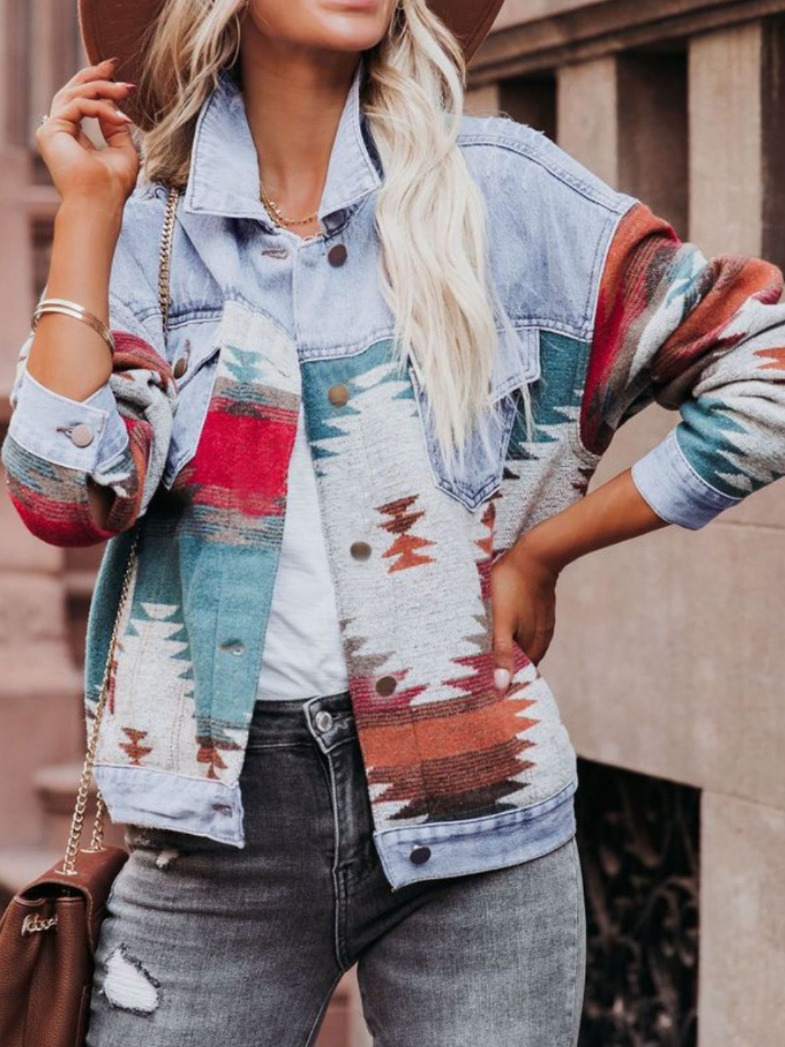 Geometric Button Up Long Sleeve Denim Jacket-Bella Boutique Collective