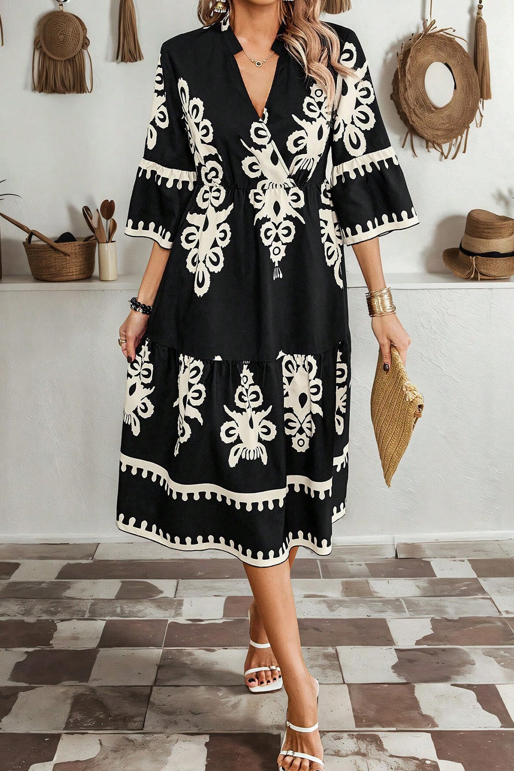 Black Western Geometric Print 3/4 Sleeve Loose Midi Dress-Bella Boutique Collective