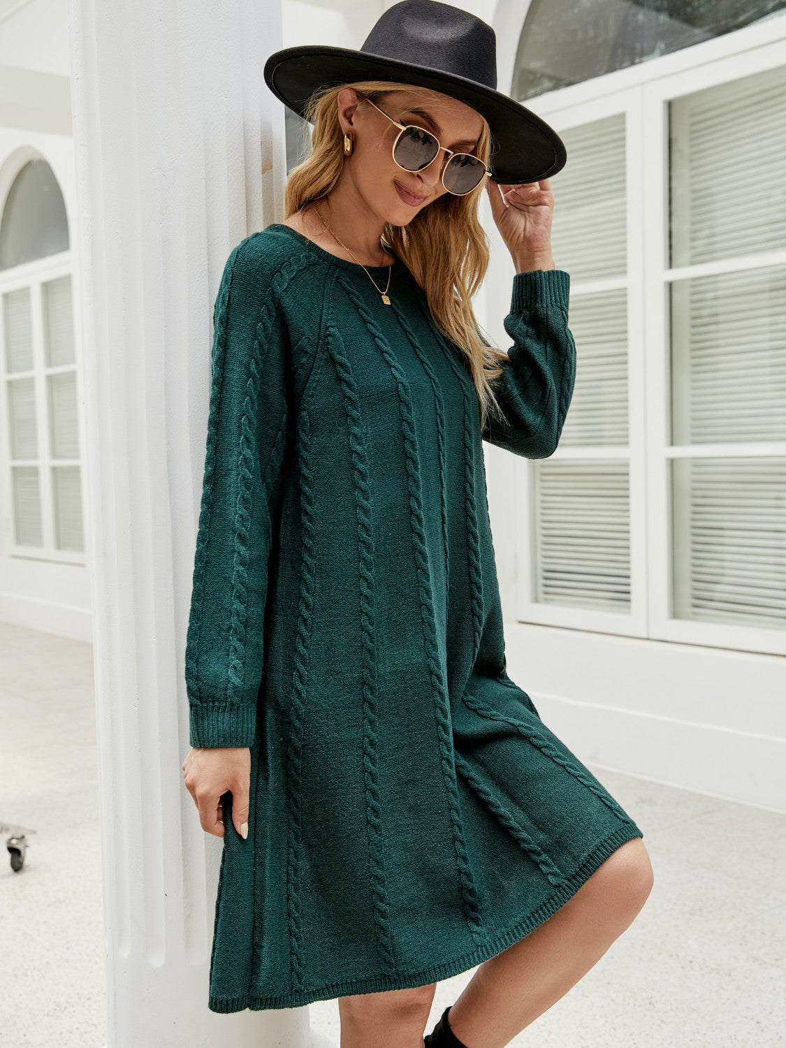 Cable-Knit Long Sleeve Sweater Dress-Bella Boutique Collective