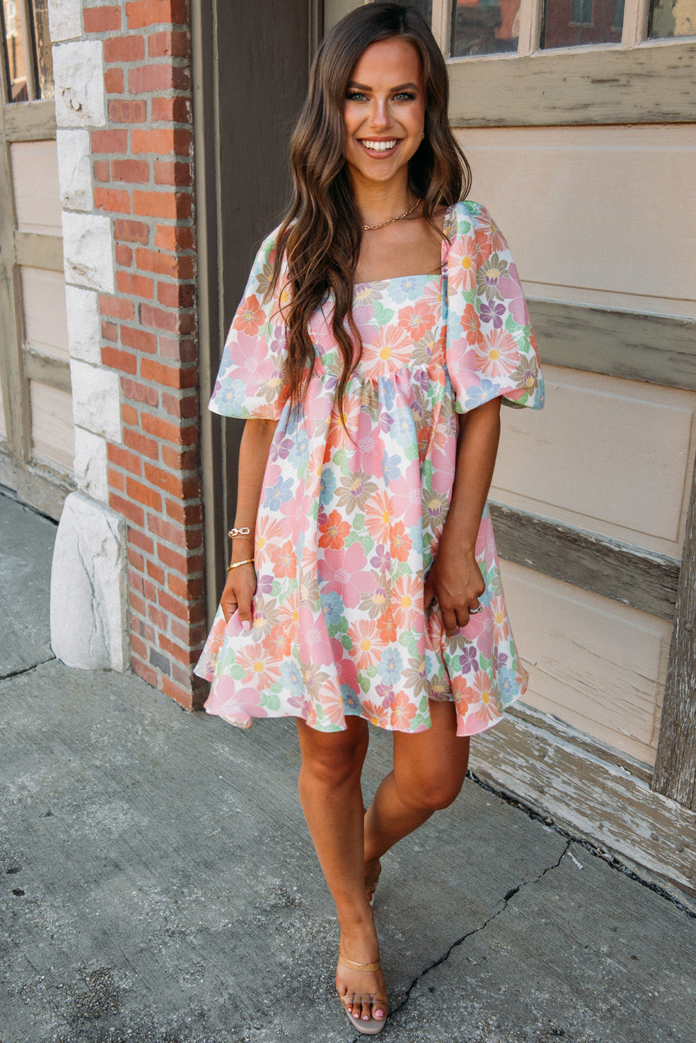 Pink Summer Floral Square Neck Puff Sleeve Babydoll Dress-Bella Boutique Collective